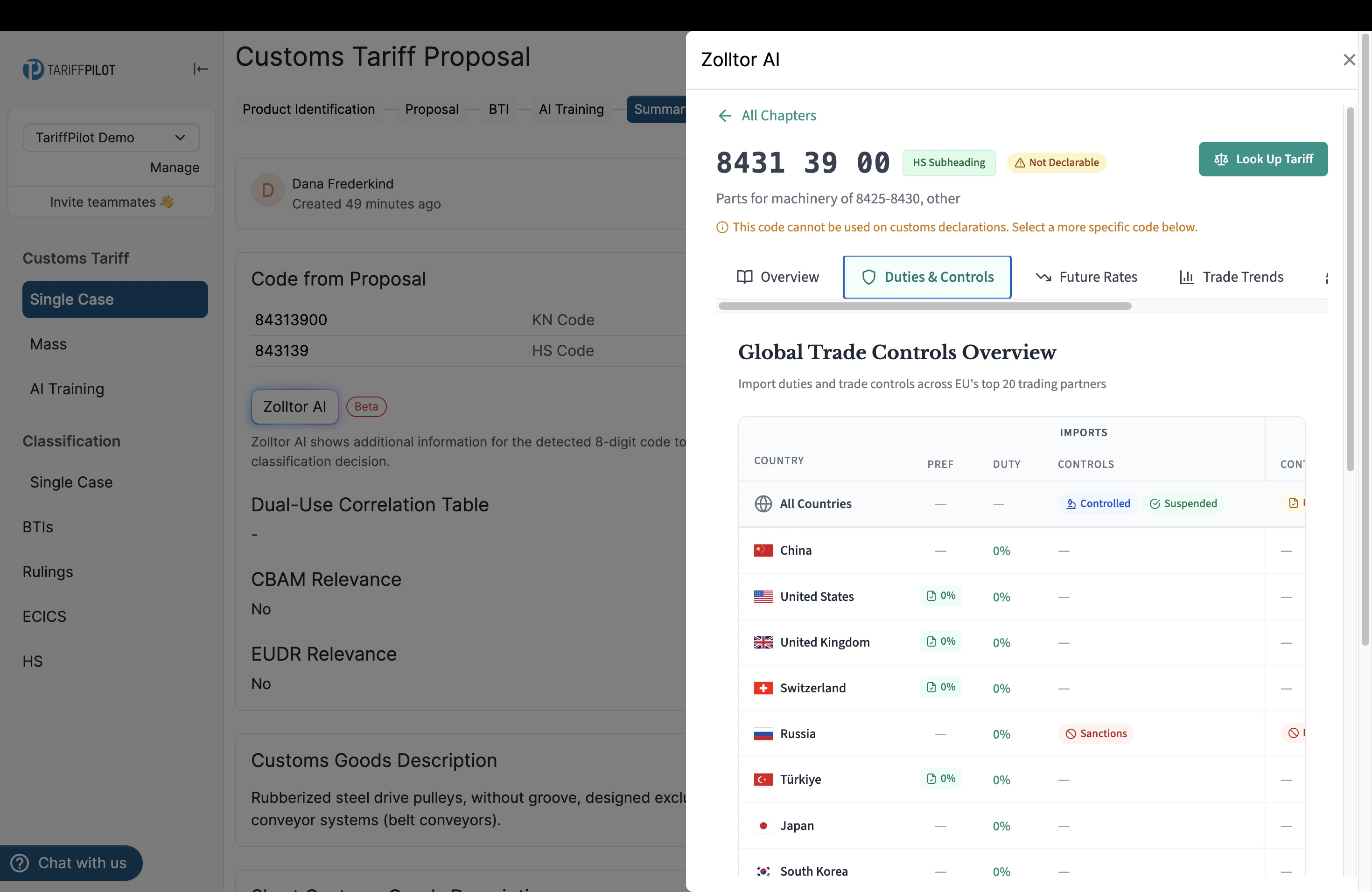 Zolltor AI, Duties and Controls tab