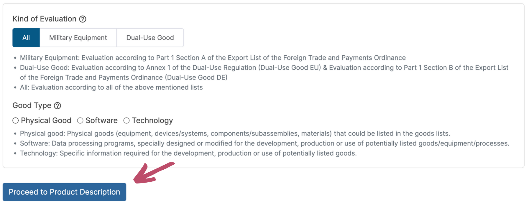 Proceed to Product Description button